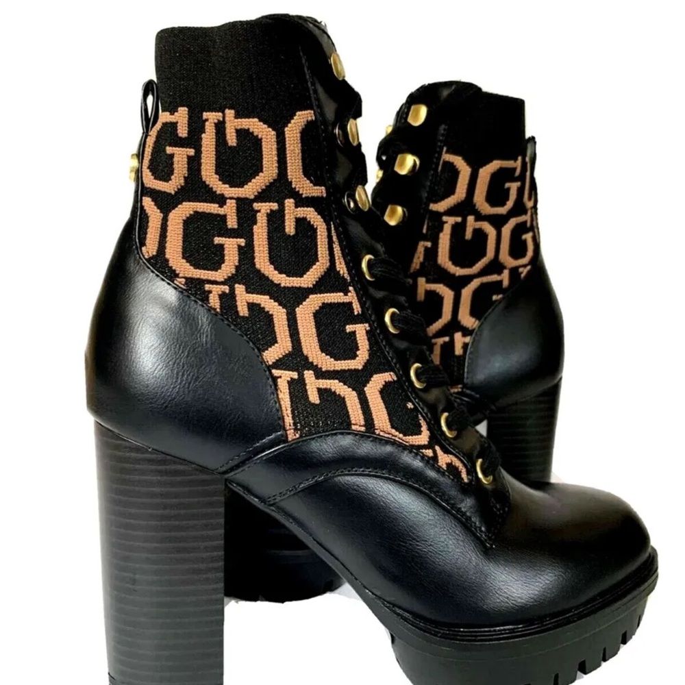 Guess Knit Logo Boots Lace Up Platform Black Tan New 7 1/2